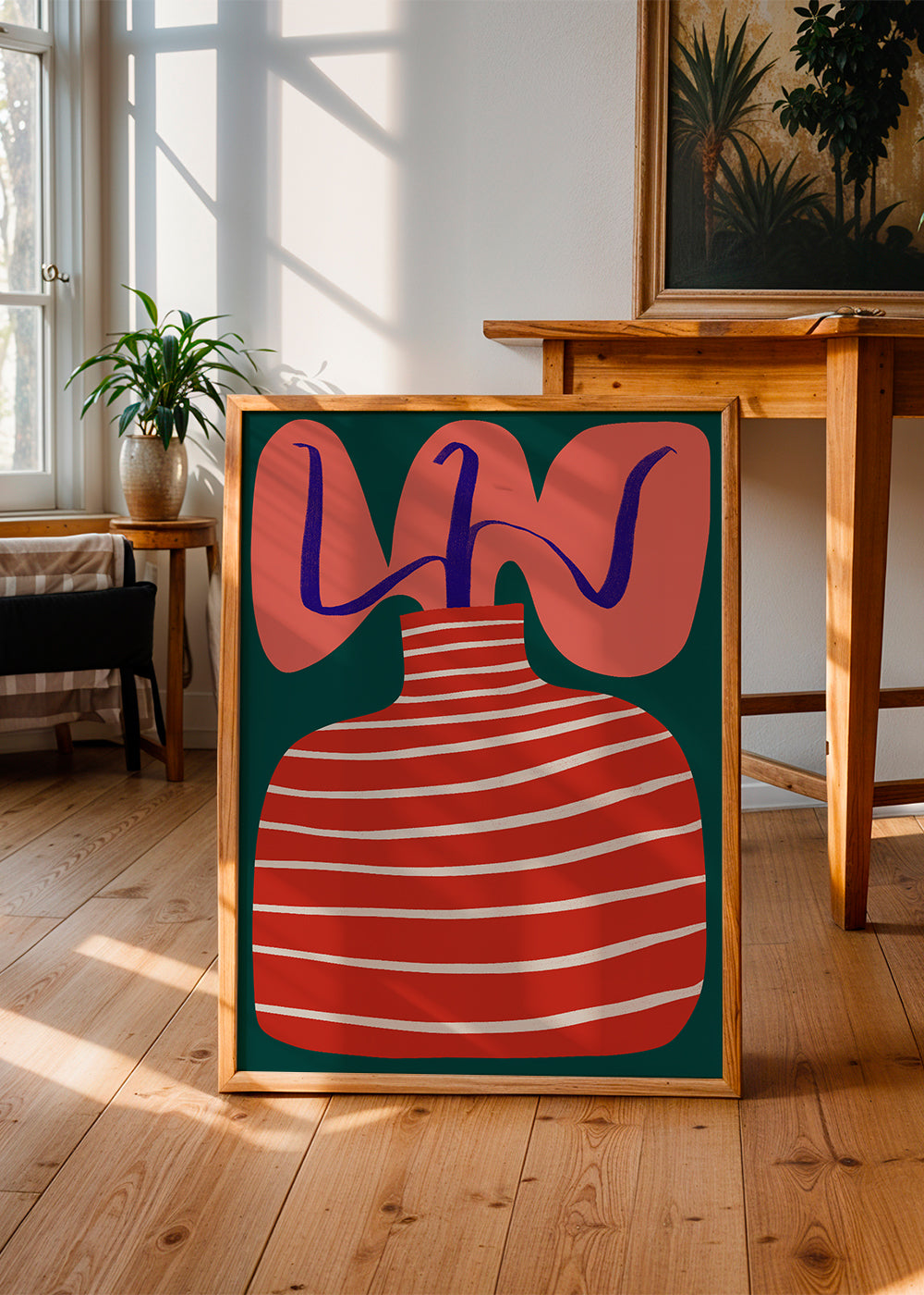 Botanisk plakat med stribet rød vase