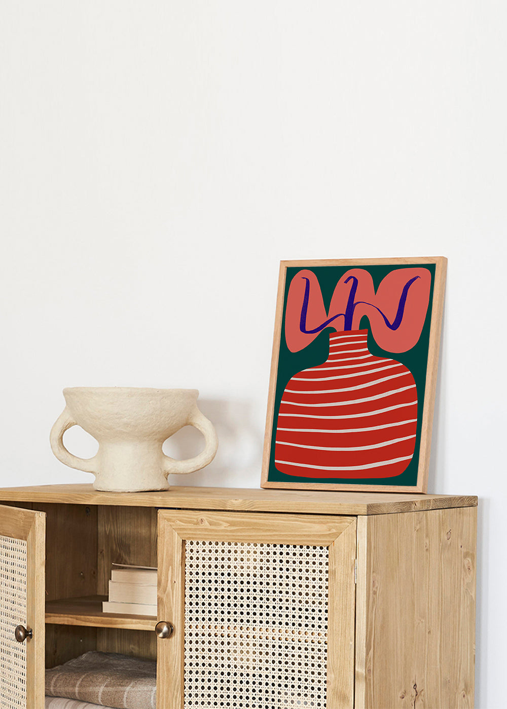 Botanisk plakat med stribet rød vase