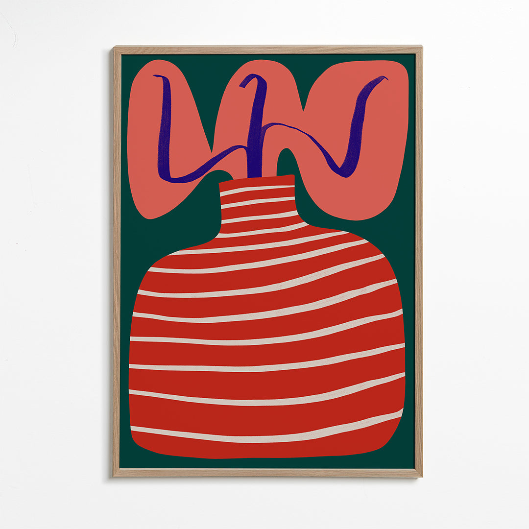 Botanisk plakat med stribet rød vase