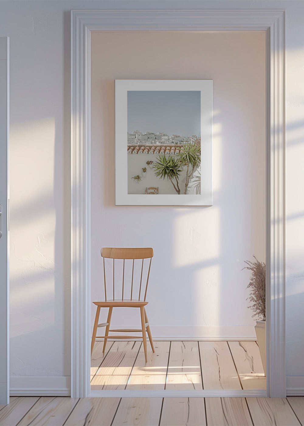 Landskabsplakat med hvide tage og yucca