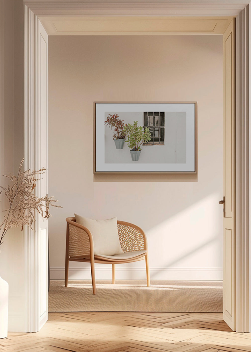 Botanisk plakat: potteplanter ved vindue