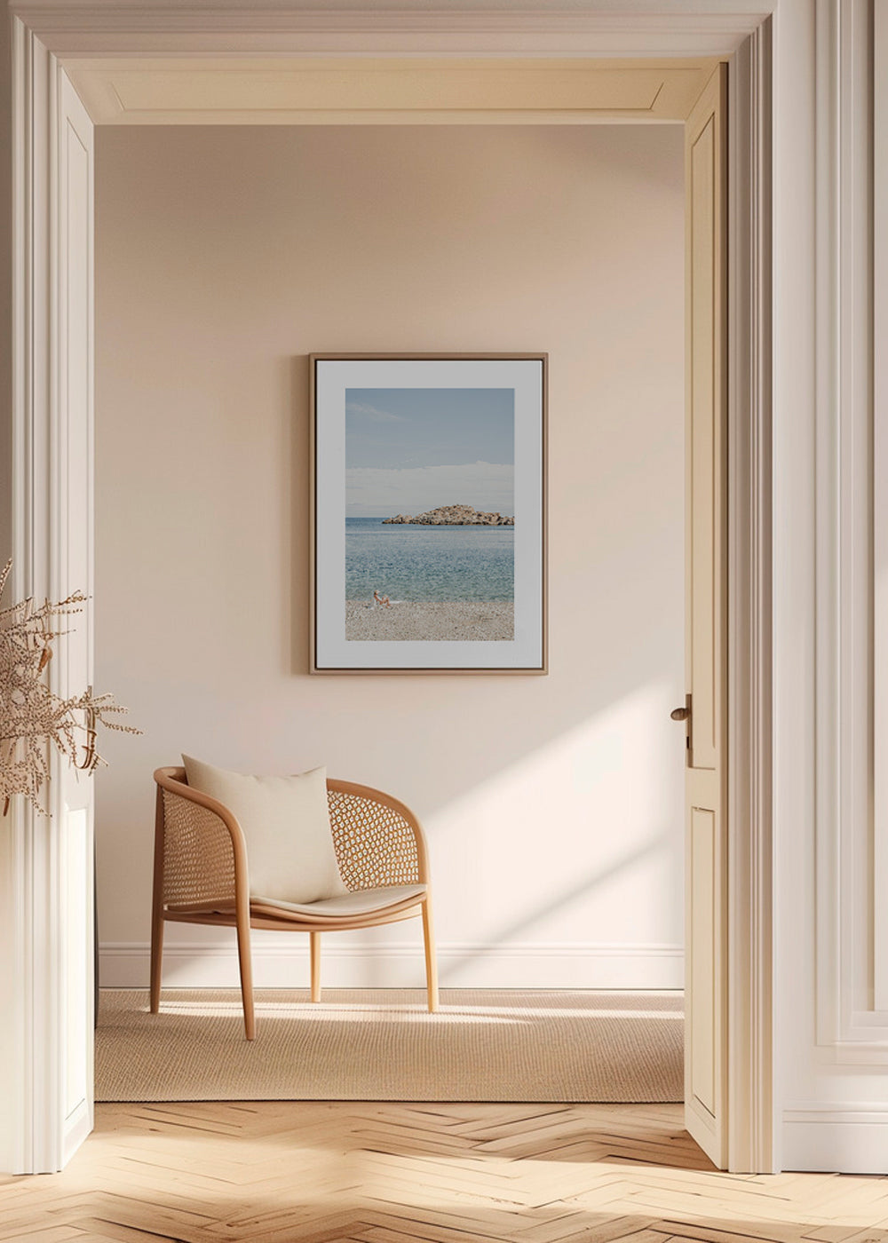 Landskabskunst: rolig kyst med klippeø