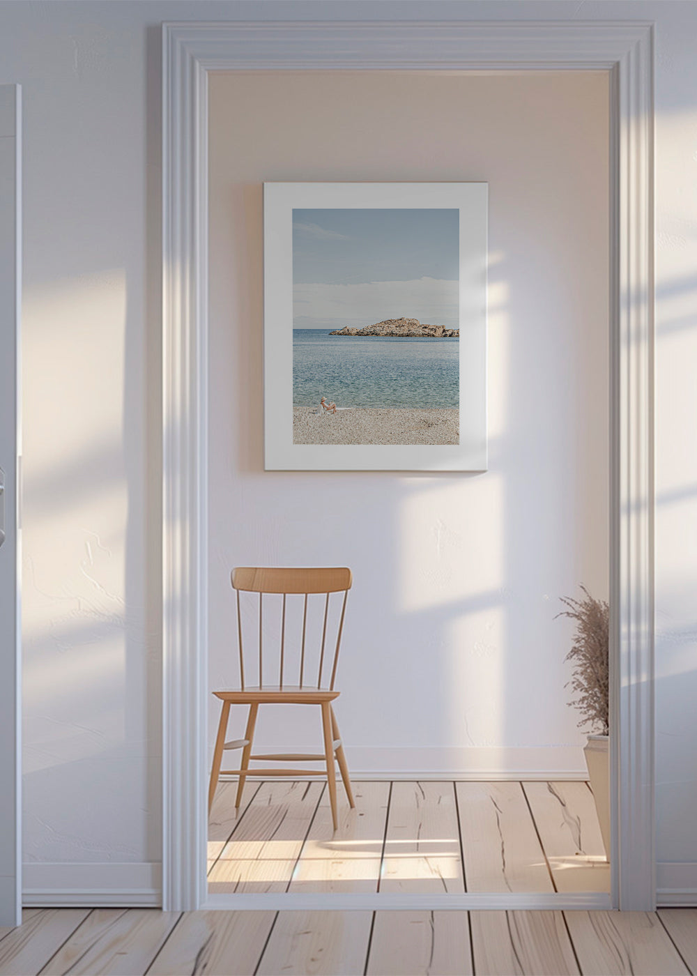Landskabskunst: rolig kyst med klippeø