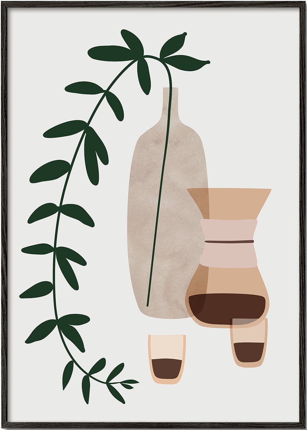 Køkkenkunst med kaffekande og botanisk gren