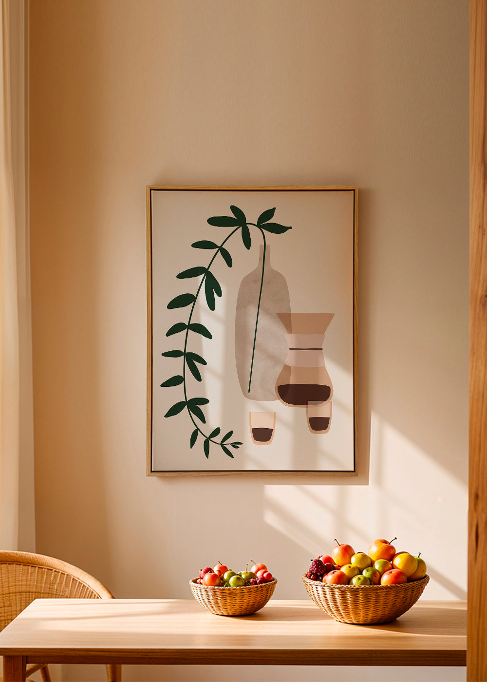 Køkkenkunst med kaffekande og botanisk gren