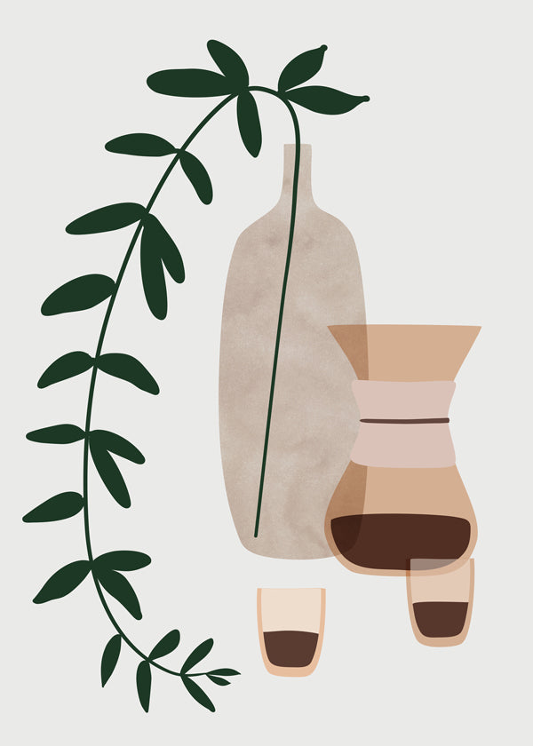 Køkkenkunst med kaffekande og botanisk gren