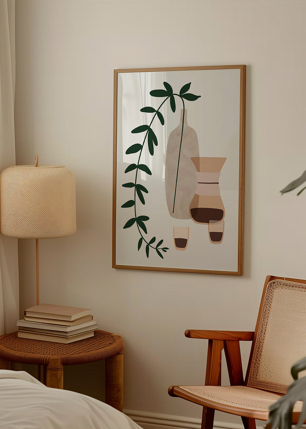 Køkkenkunst med kaffekande og botanisk gren