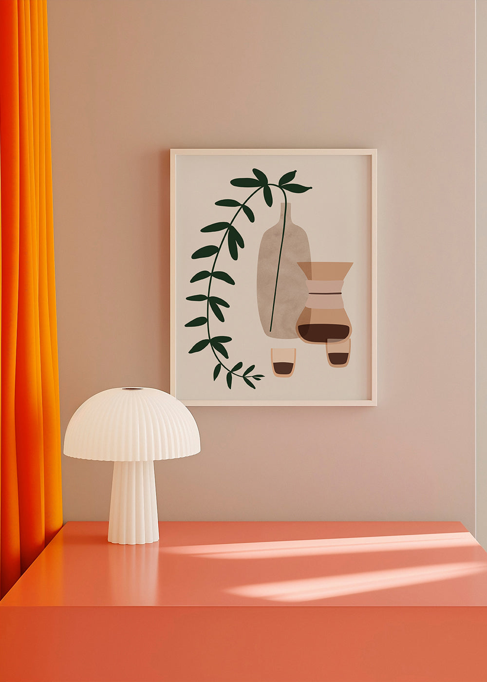 Køkkenkunst med kaffekande og botanisk gren