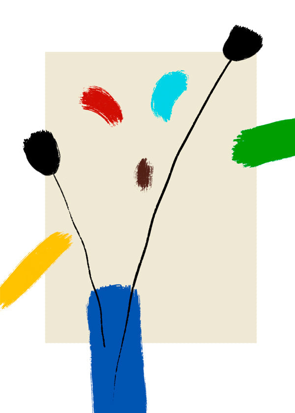 Botanisk plakat: Glade blomster i blå vase