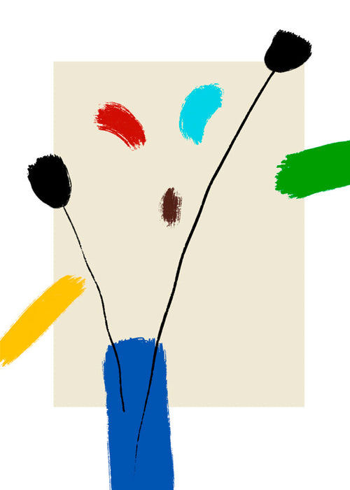 Botanisk plakat: Glade blomster i blå vase