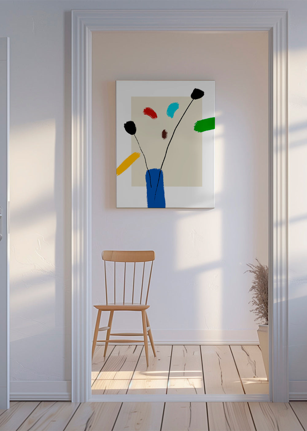 Botanisk plakat: Glade blomster i blå vase