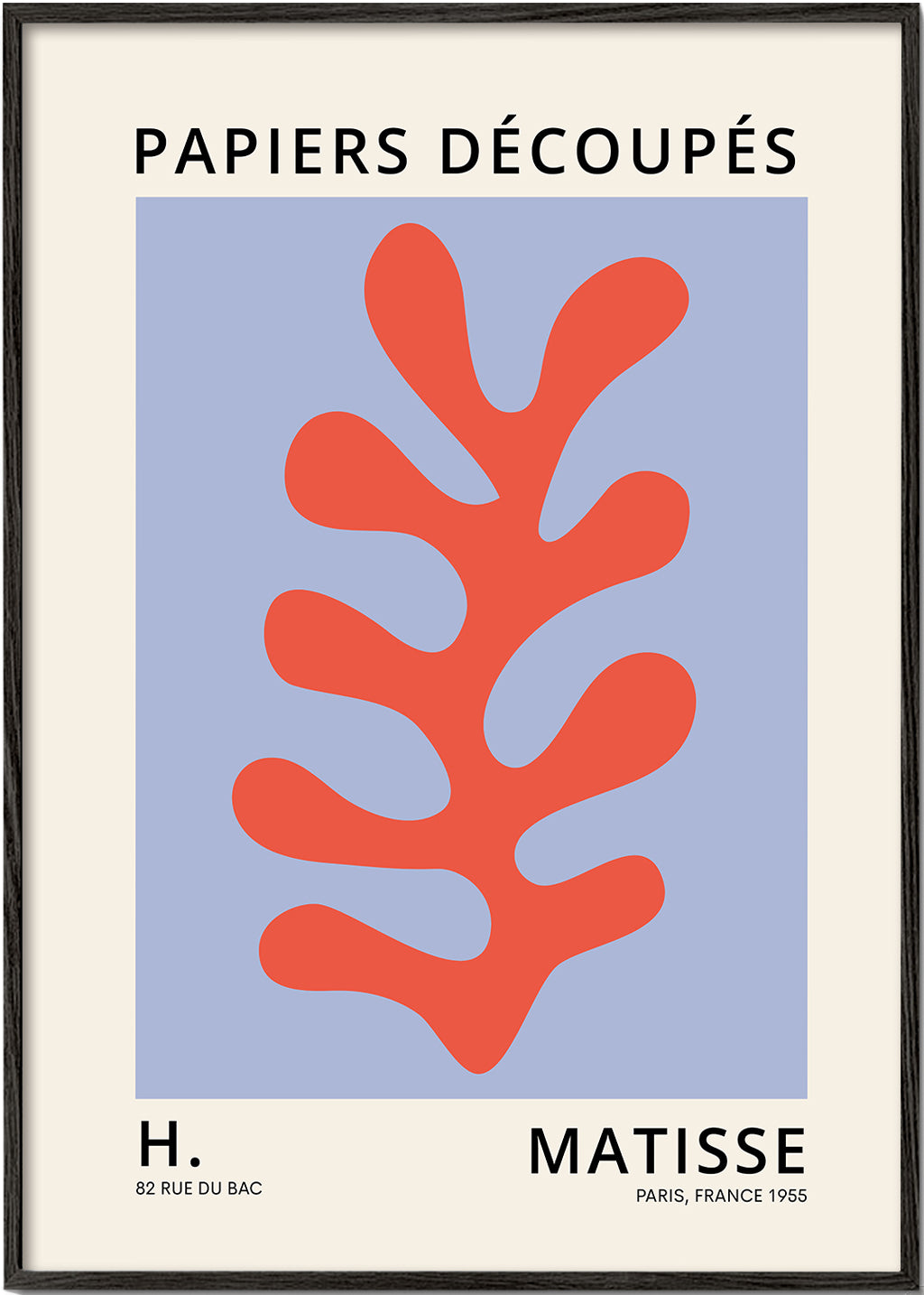 Botanisk plakat Matisse-stil: rødt blad på blåt felt