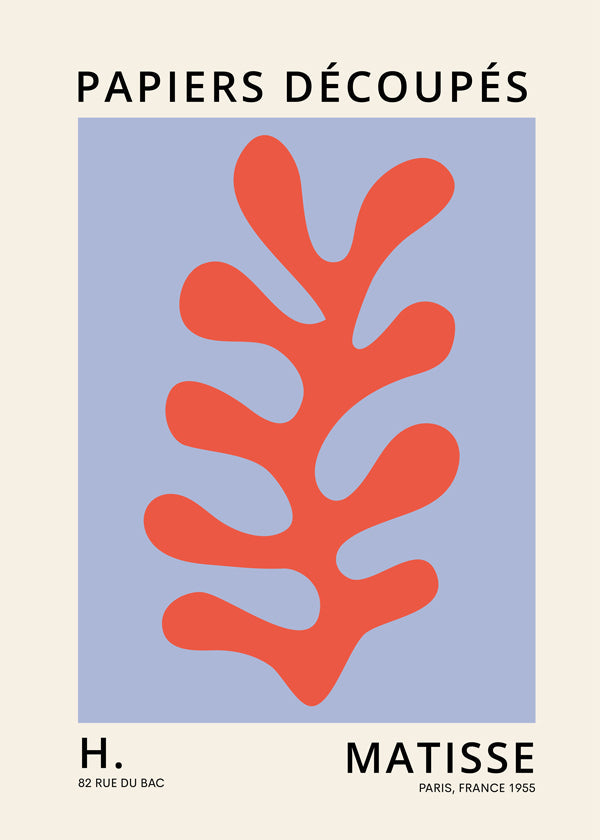 Botanisk plakat Matisse-stil: rødt blad på blåt felt