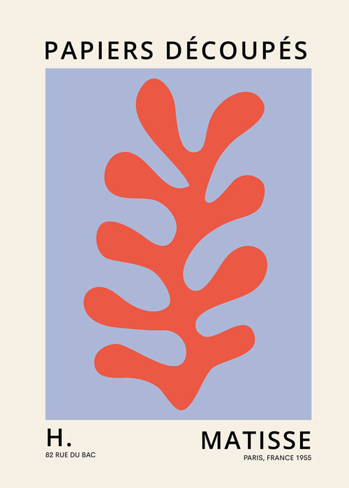 Botanisk plakat Matisse-stil: rødt blad på blåt felt