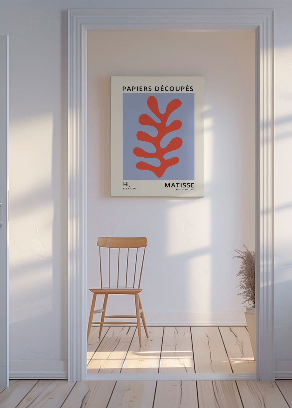 Botanisk plakat Matisse-stil: rødt blad på blåt felt