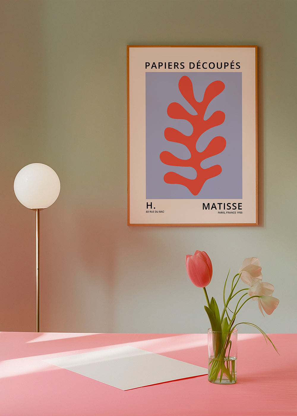 Botanisk plakat Matisse-stil: rødt blad på blåt felt