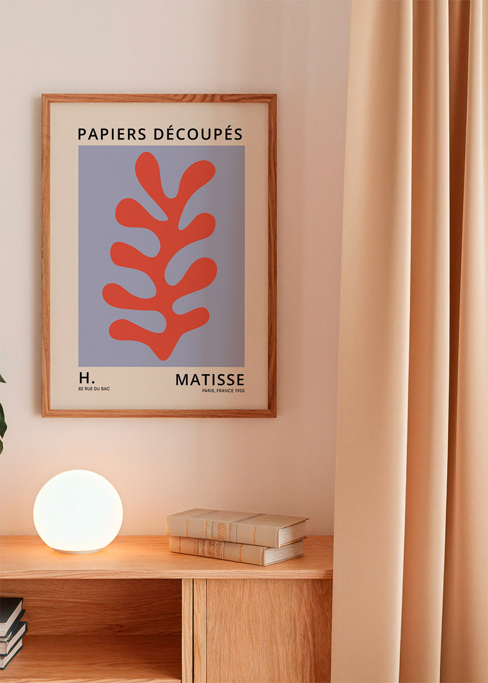 Botanisk plakat Matisse-stil: rødt blad på blåt felt