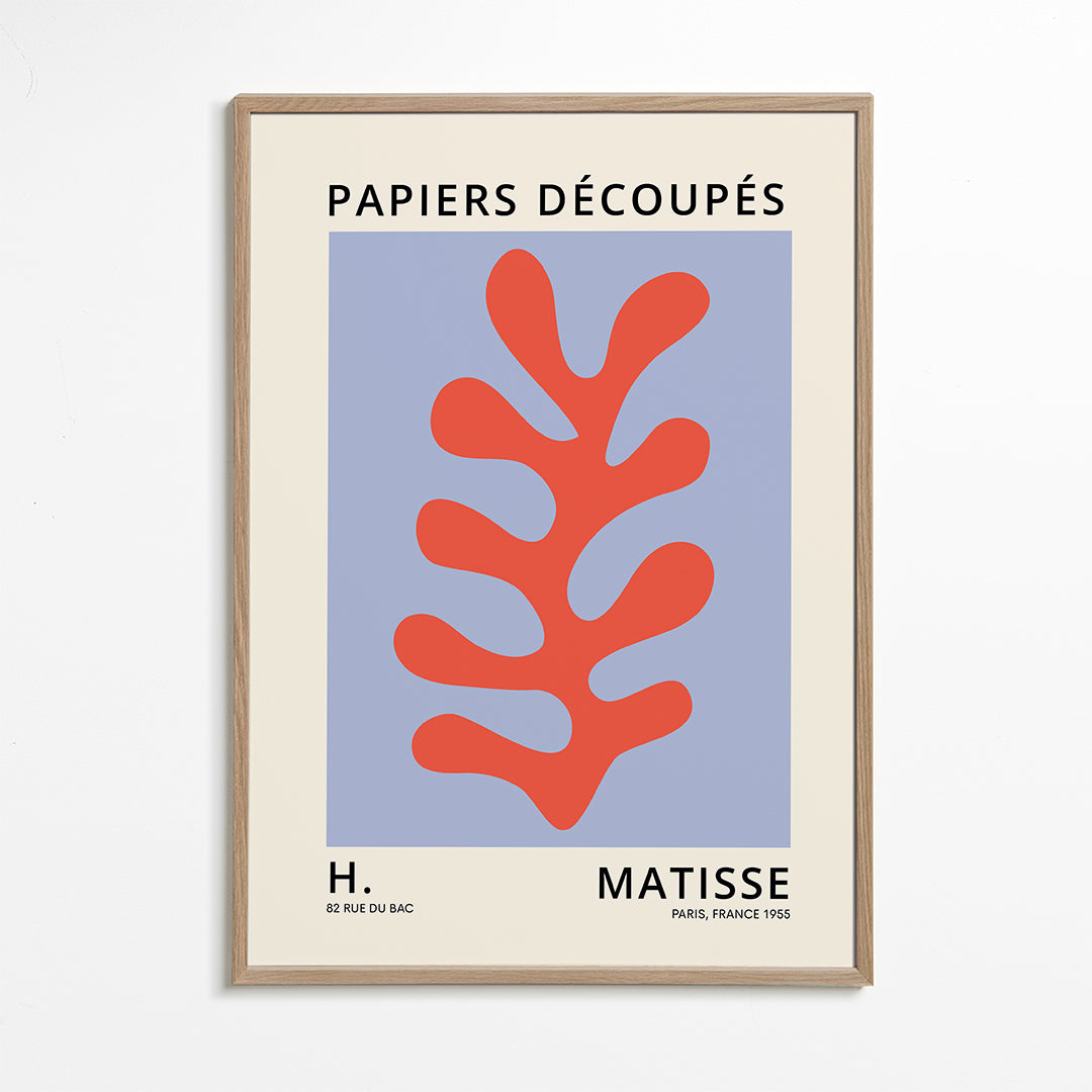 Botanisk plakat Matisse-stil: rødt blad på blåt felt