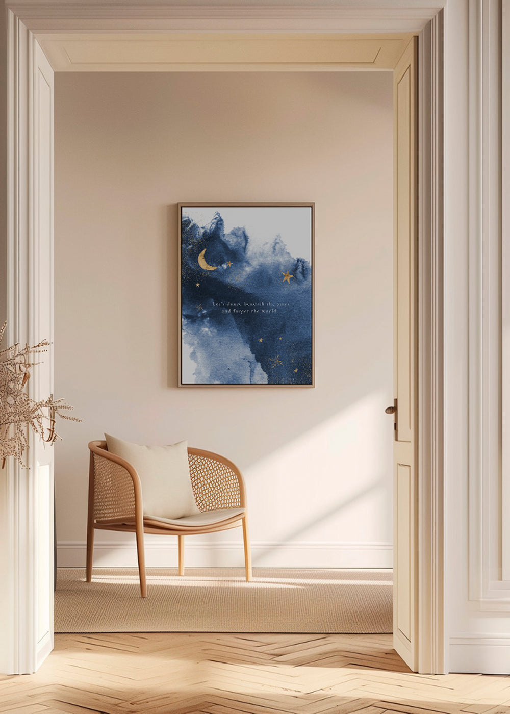 Månillustration i dybblå med citat