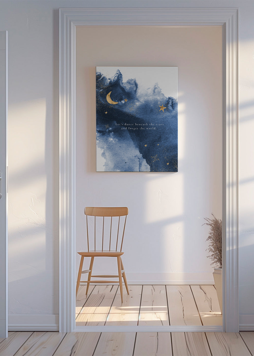Månillustration i dybblå med citat