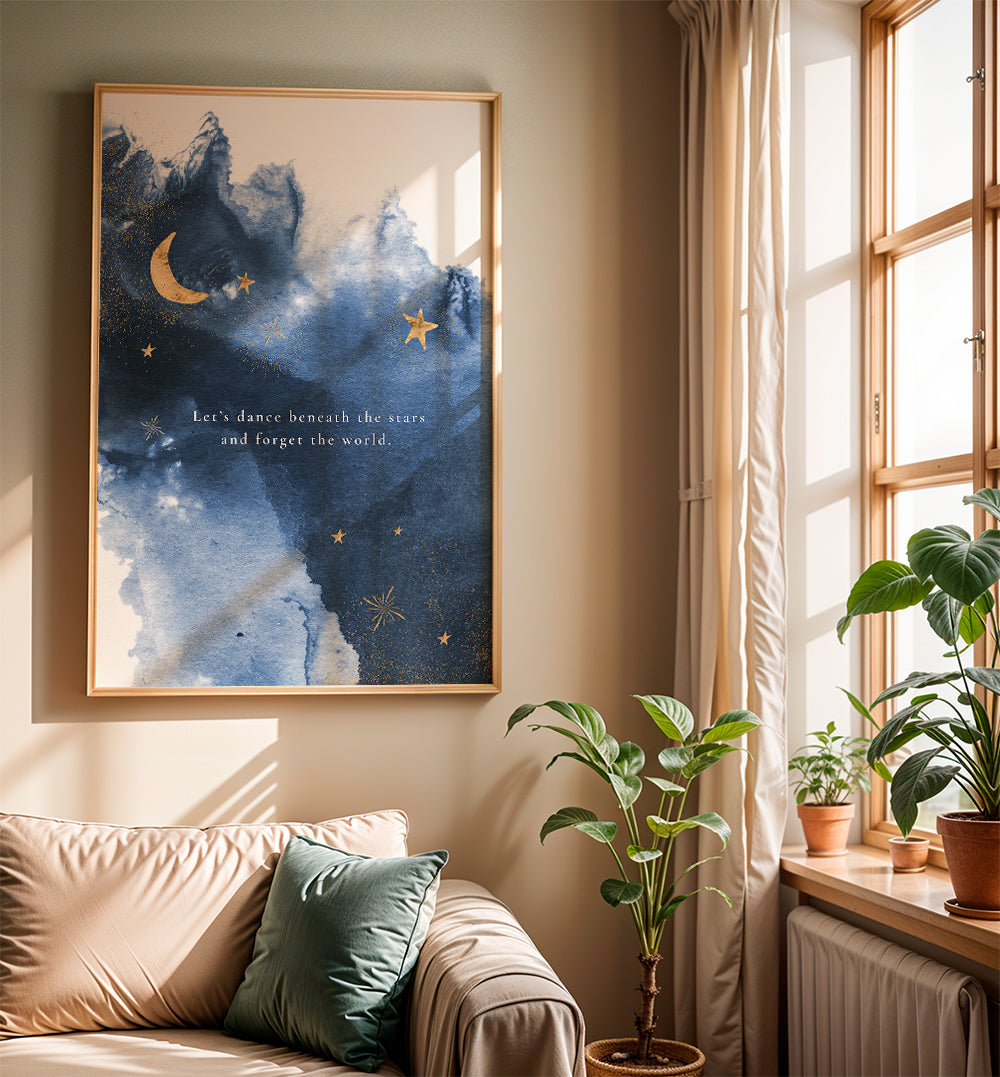 Månillustration i dybblå med citat