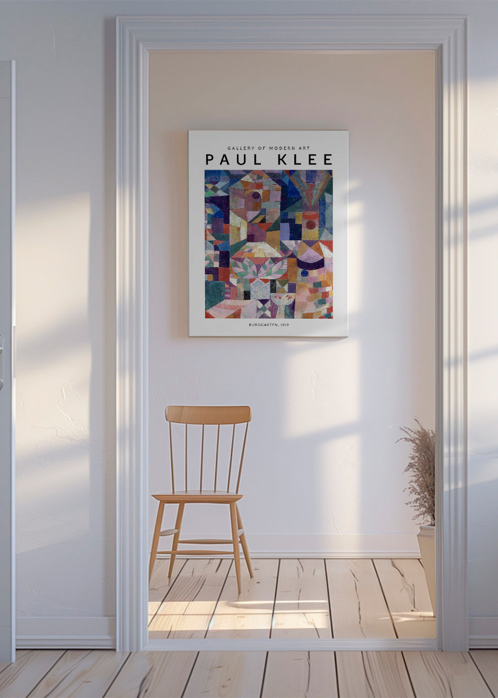 Abstrakt kunstværk med geometriske former og farve, Klee studie 1919