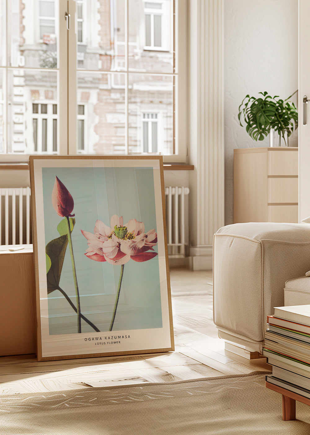 Botanisk plakat lotusblomst på blå baggrund
