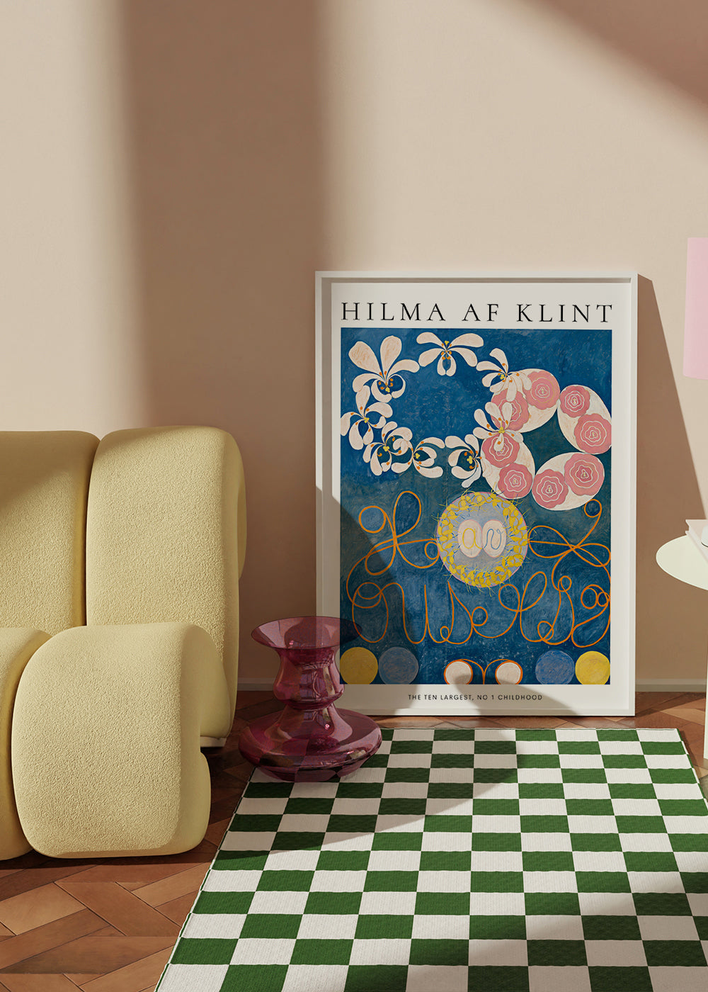 Botanisk plakat med roser og cirkelmotiver