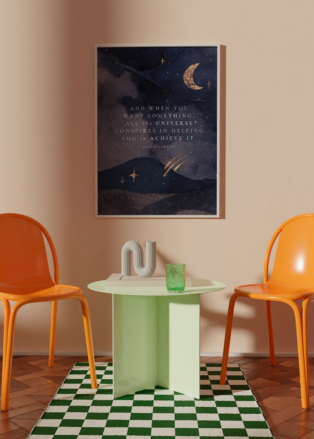 Illustration af måneoplyst univers med citat