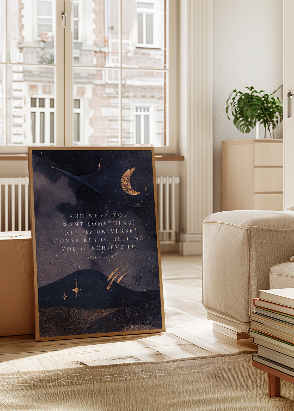 Illustration af måneoplyst univers med citat