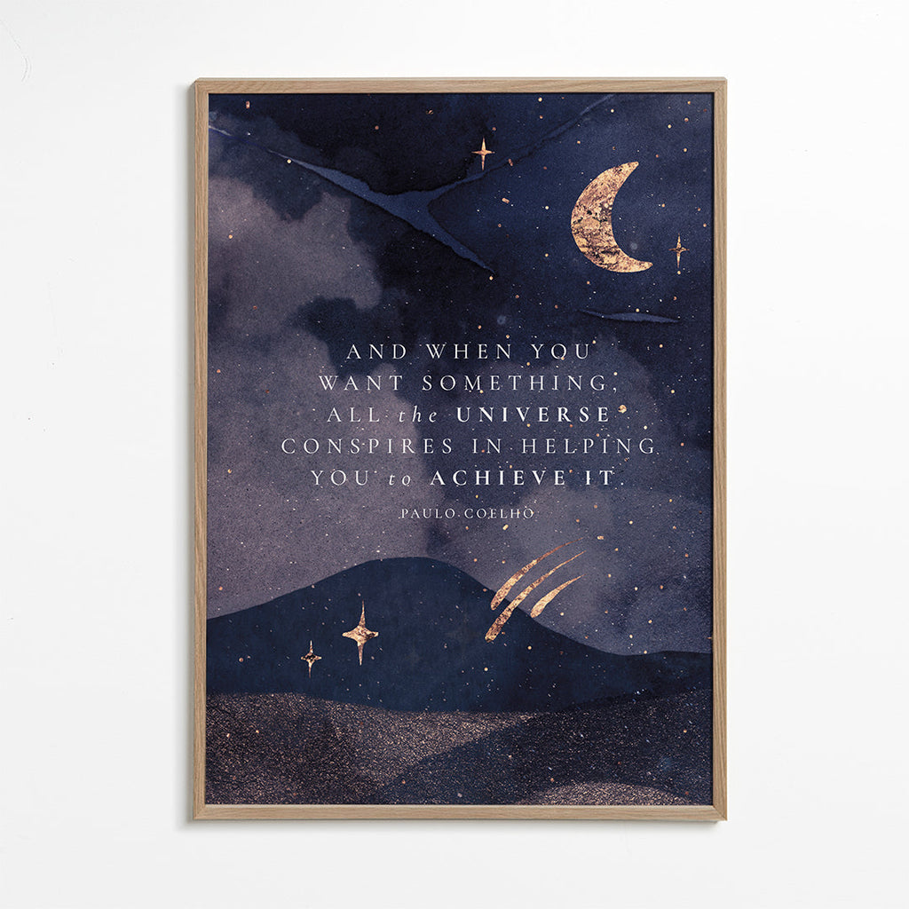 Illustration af måneoplyst univers med citat