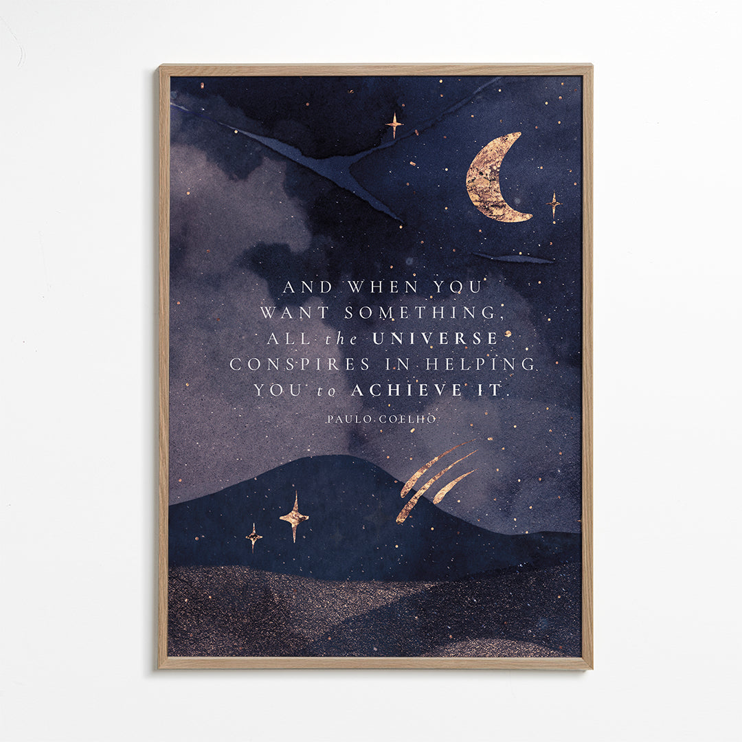 Illustration af måneoplyst univers med citat
