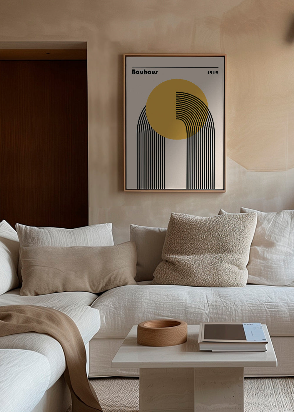 Geometrisk Bauhaus-plakat med gul cirkel