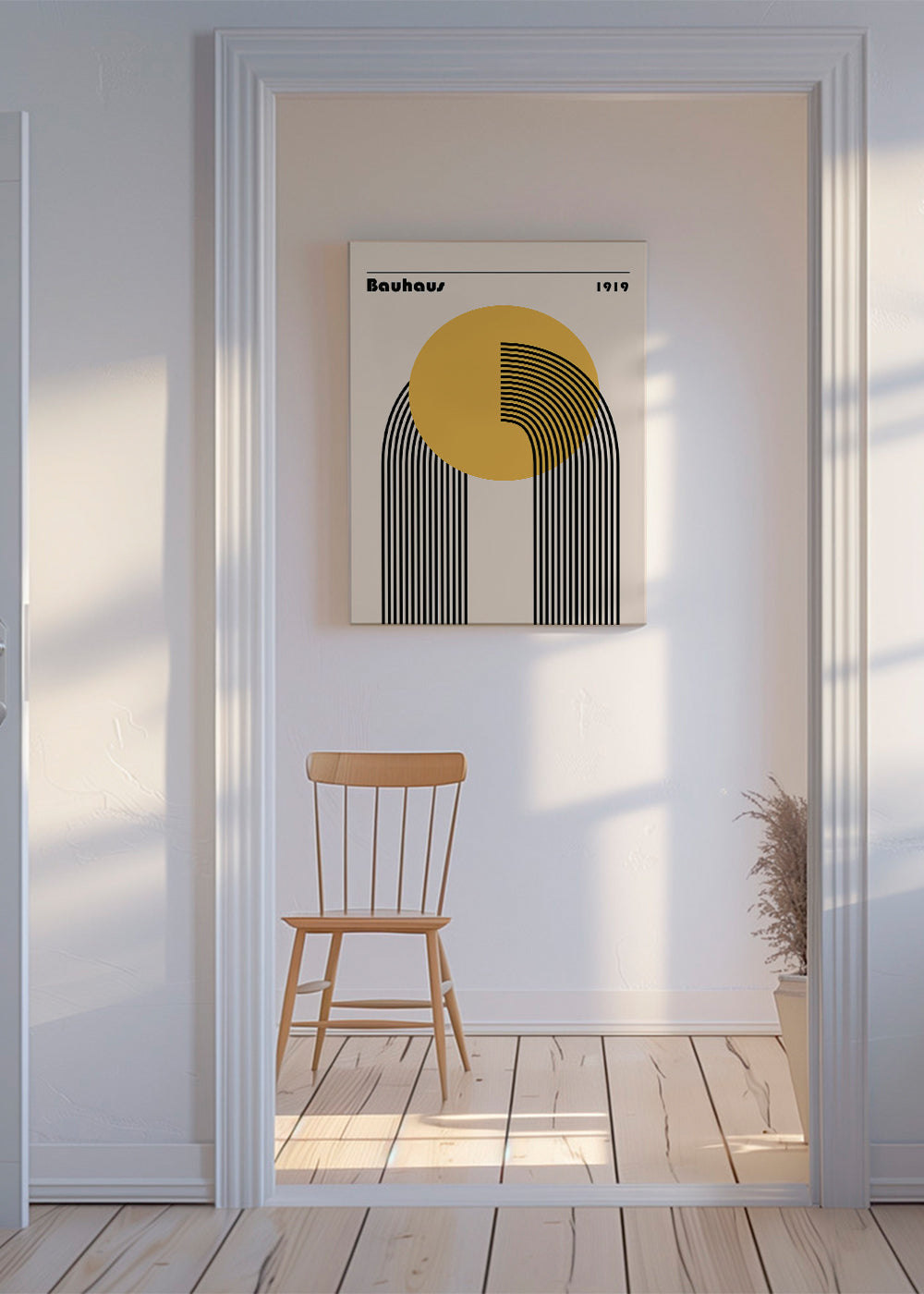 Geometrisk Bauhaus-plakat med gul cirkel