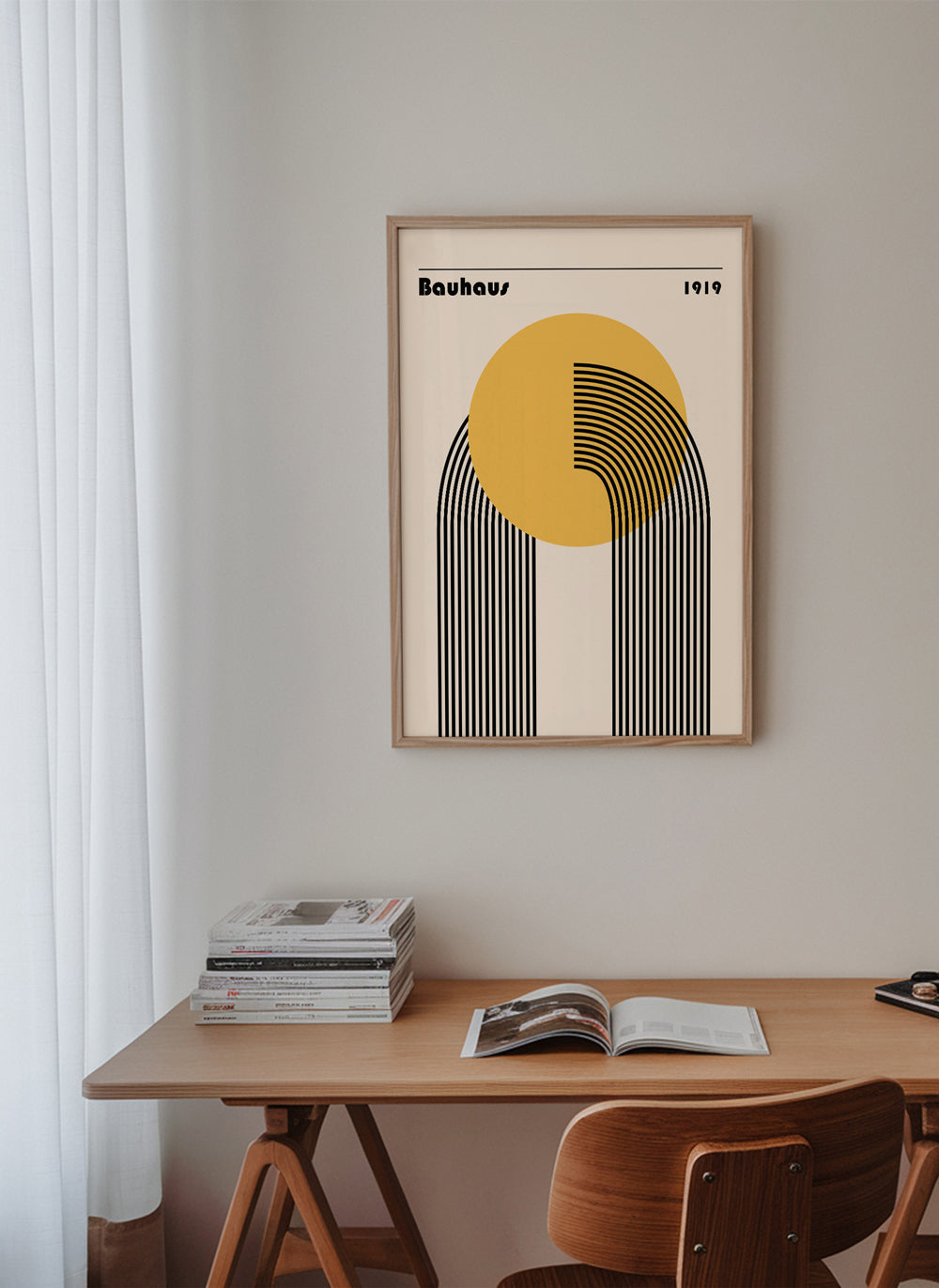 Geometrisk Bauhaus-plakat med gul cirkel