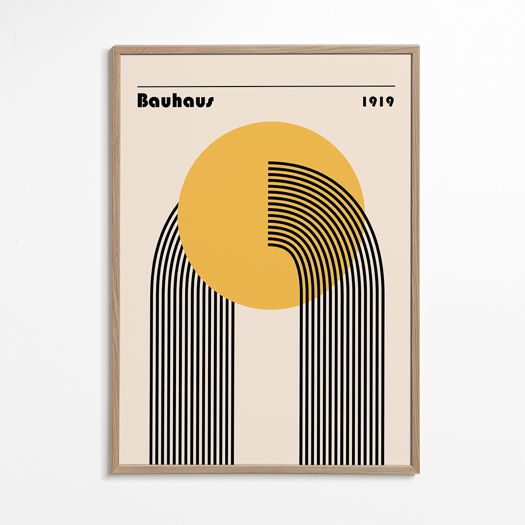 Geometrisk Bauhaus-plakat med gul cirkel