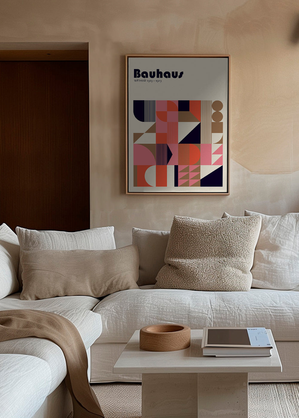 Geometrisk Bauhaus-plakat i koral og pink