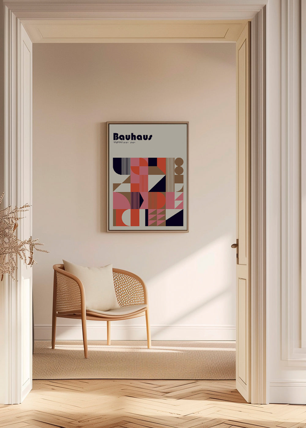 Geometrisk Bauhaus-plakat i koral og pink