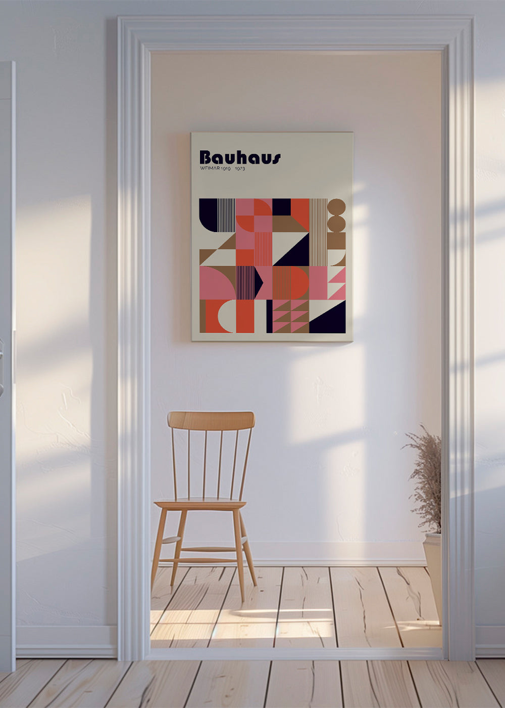 Geometrisk Bauhaus-plakat i koral og pink