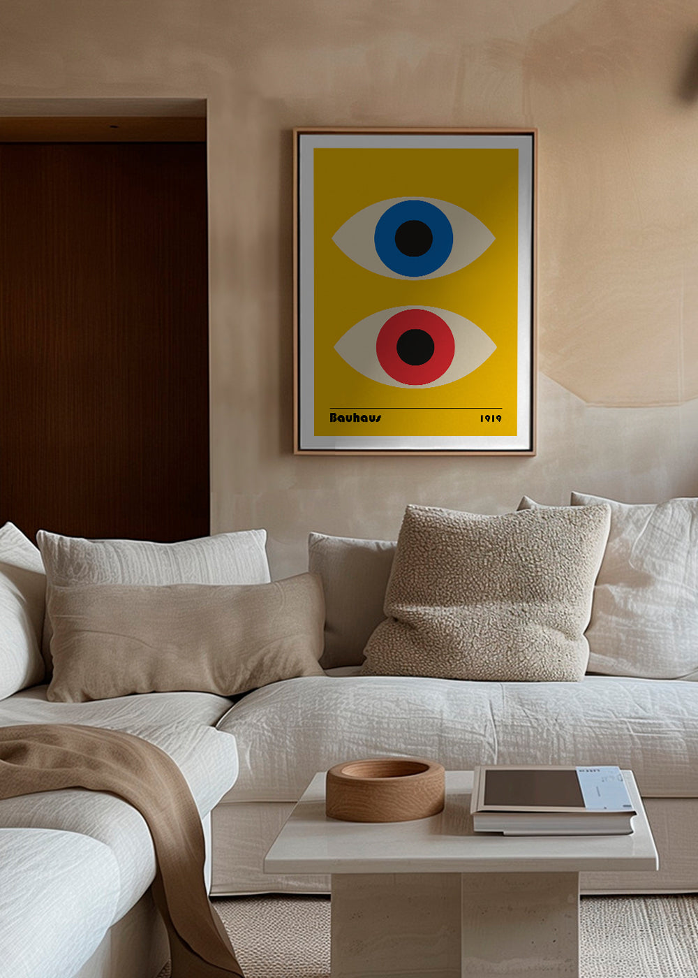 Geometrisk plakat Bauhaus med røde og blå øjne
