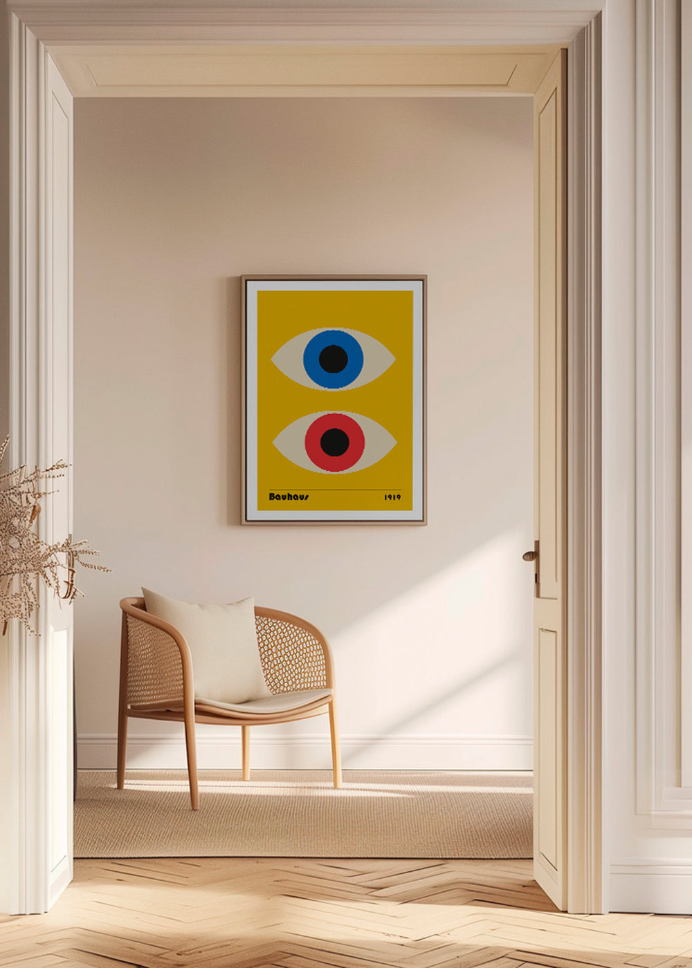 Geometrisk plakat Bauhaus med røde og blå øjne