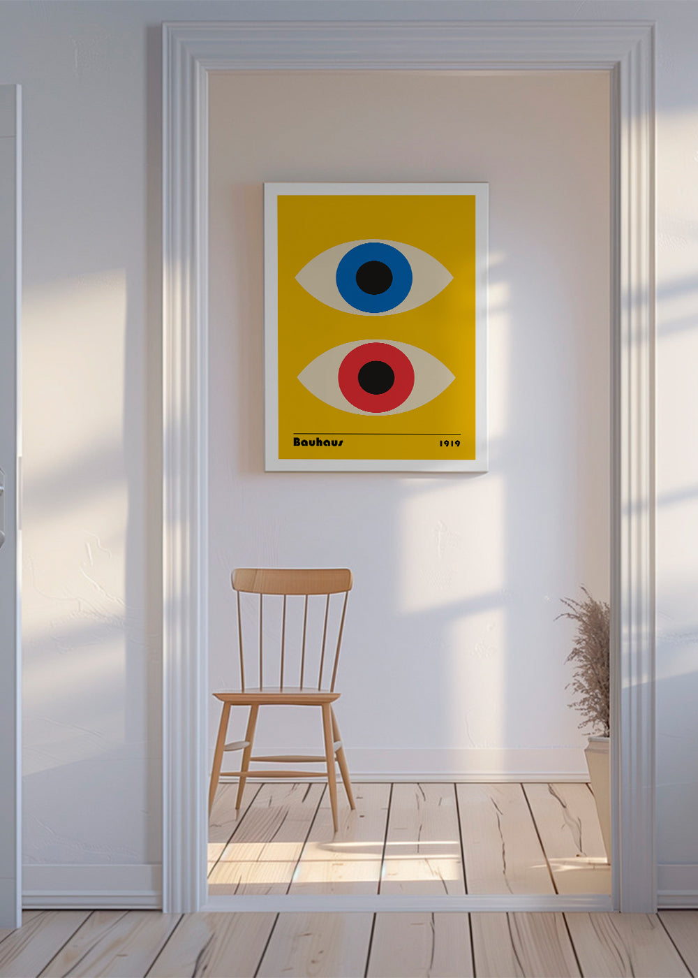Geometrisk plakat Bauhaus med røde og blå øjne