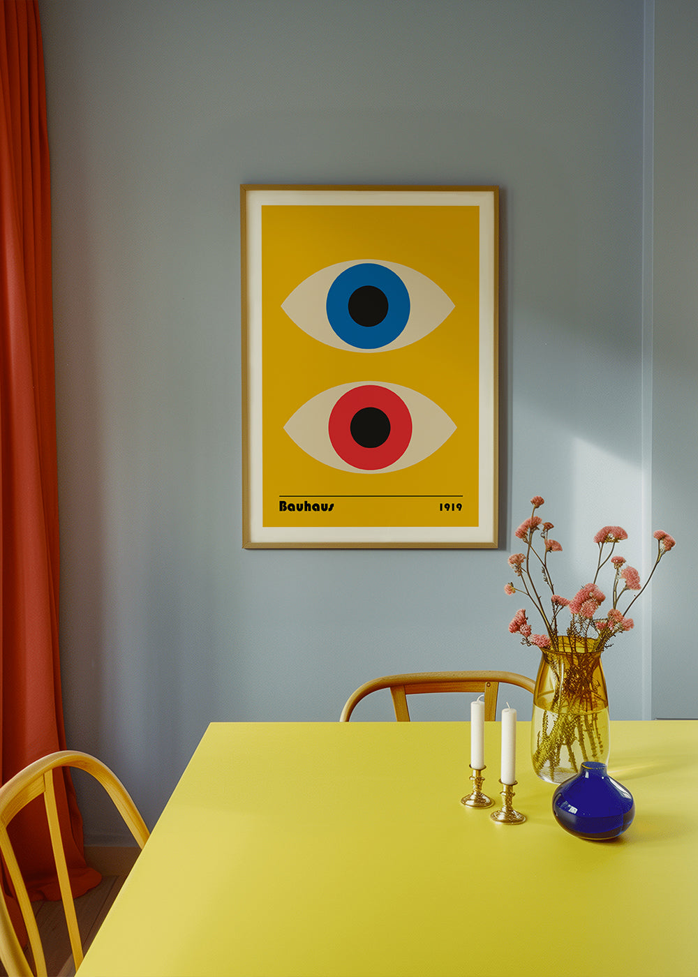 Geometrisk plakat Bauhaus med røde og blå øjne