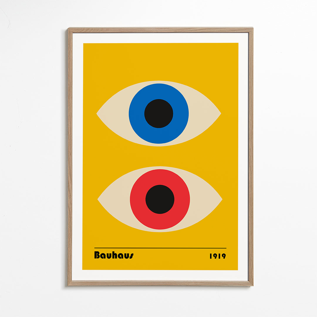 Geometrisk plakat Bauhaus med røde og blå øjne