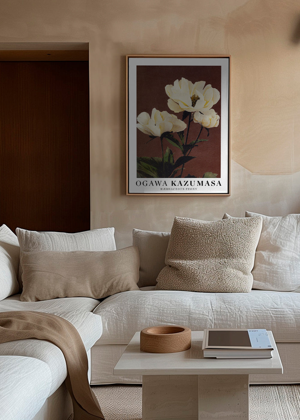 Botanisk plakat med hvid peon