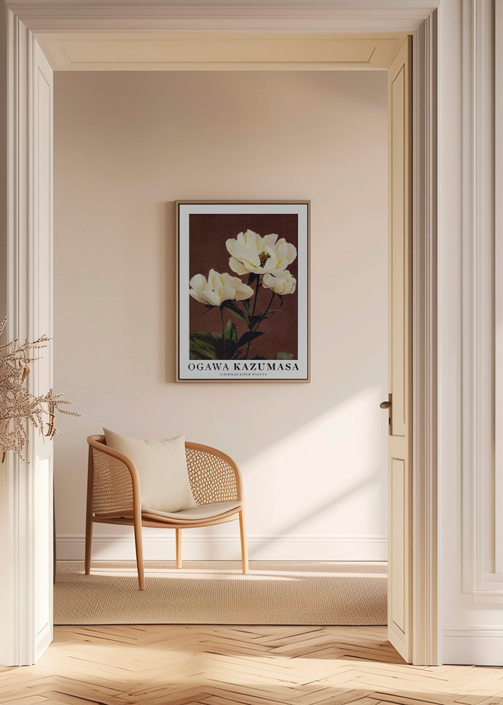 Botanisk plakat med hvid peon