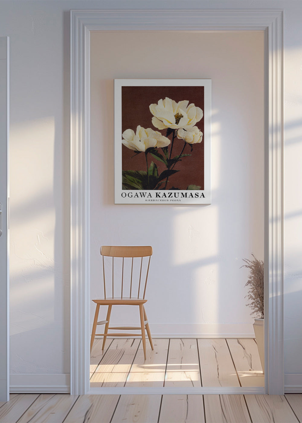 Botanisk plakat med hvid peon