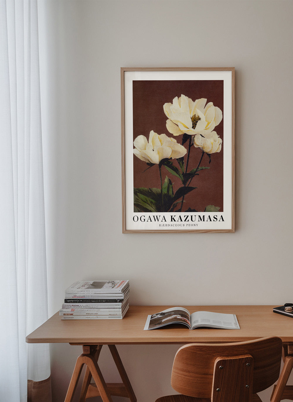 Botanisk plakat med hvid peon