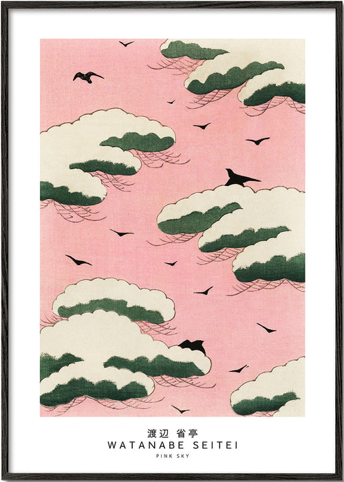 Japansk illustration rosa himmel med skyer og fugle