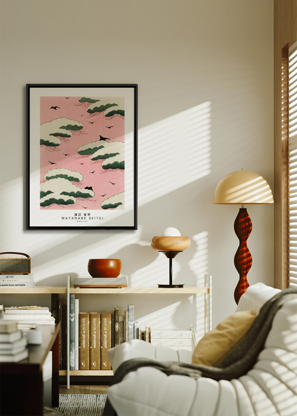 Japansk illustration rosa himmel med skyer og fugle